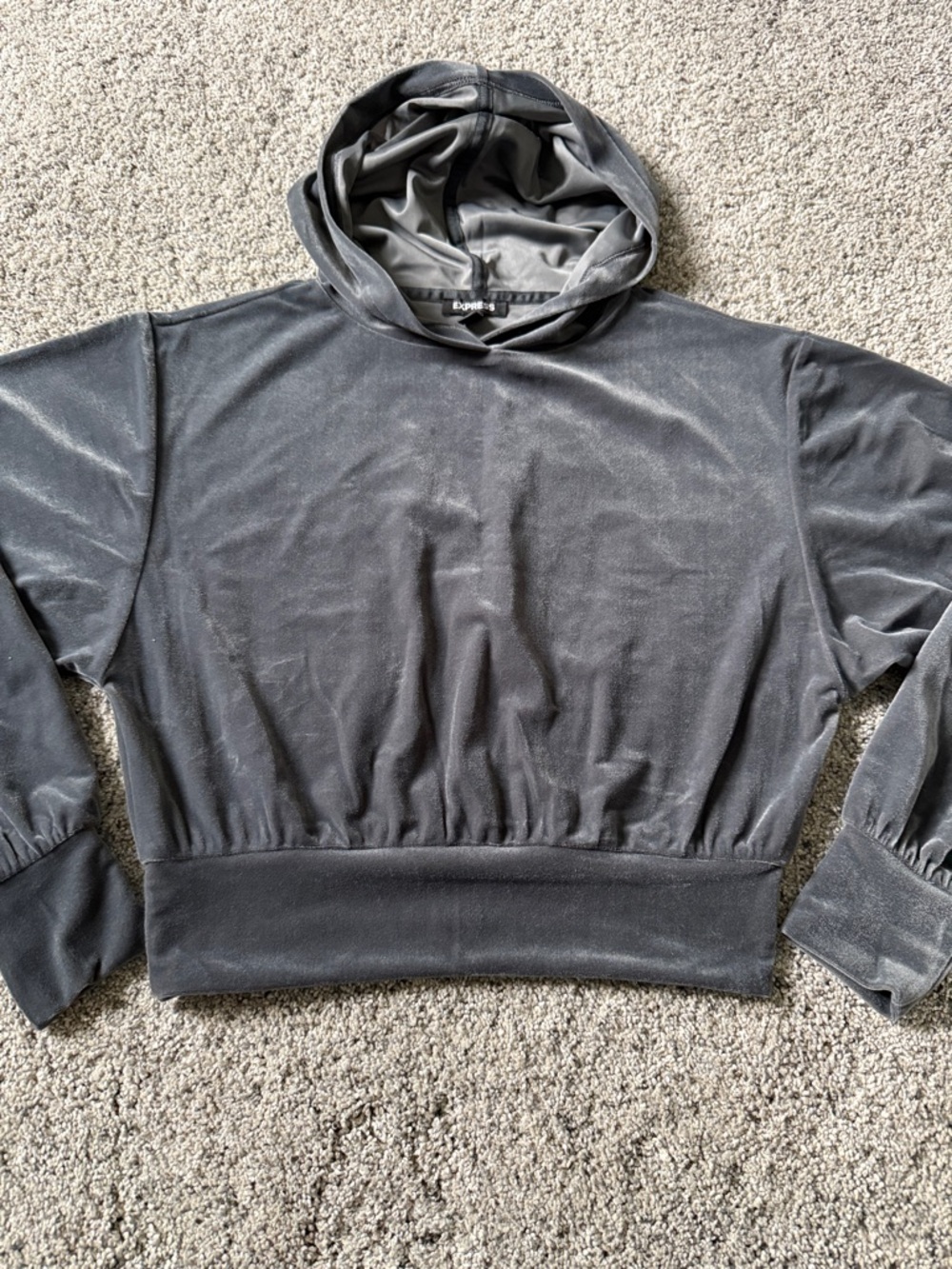Velour Cropped Hoodie Sweatshirt Top in Charcoal XS